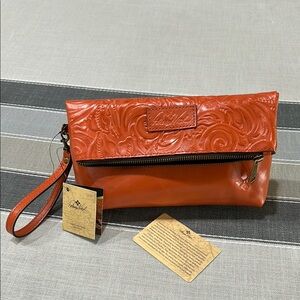 Patricia Nash Vibrant Orange Leather Wristlet with Embossed Design